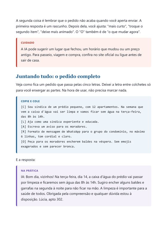 Página com um pedido pronto para copiar e colar e a resposta da IA